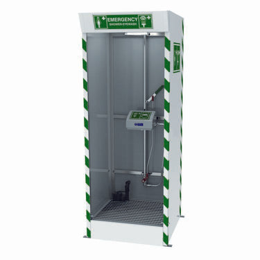 Hughes Emergency Cubicle Shower, Shower and Covered ABS Eye and Face Wash, Sump Pump, 120V